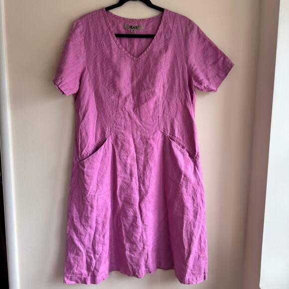 FLAX Shirt Dress Midi Pink Purple Orchid Linen Pocket Short Sleeve Women's Sz S - Picture 1 of 7